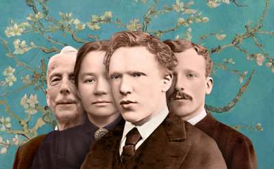 Campagnebeeld voor de tentoonstelling Kiezen voor Vincent, met foto's van Vincent van Gogh, zijn broer Theo en diens vrouw Jo van Gogh-Bonger en hun zoon Vincent met op de achtergrond Amandelbloesem